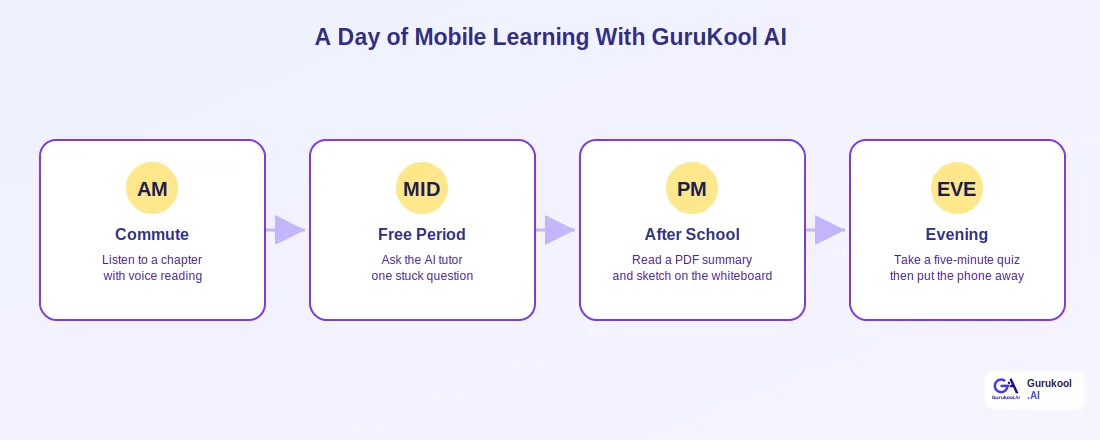 a day of mobile learning with commute, free period, after school, and evening sessions